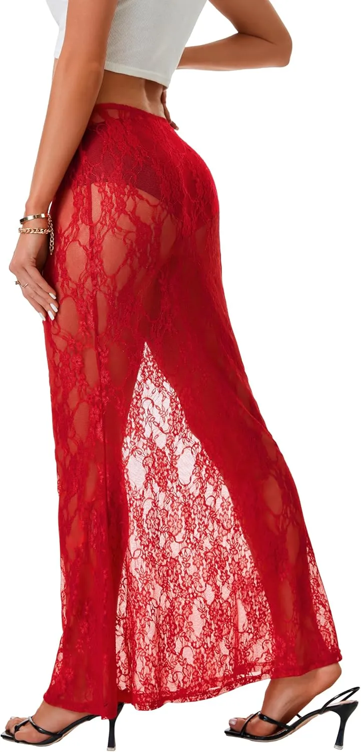 Rooscier Women's Lace Sheer Long Skirt High Waist A-line Summer Sexy Beach Maxi Skirts