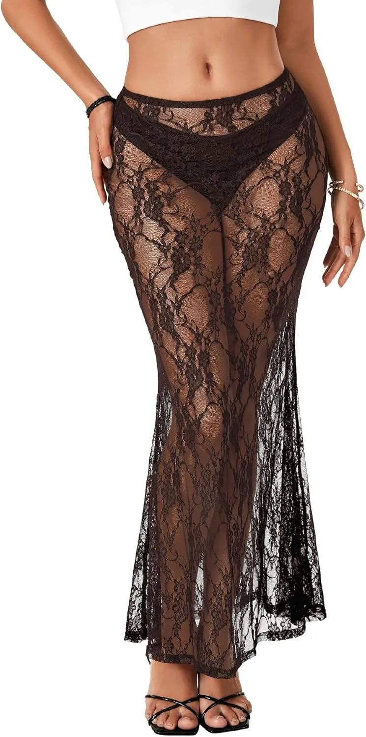 Rooscier Women's Lace Sheer Long Skirt High Waist A-line Summer Sexy Beach Maxi Skirts
