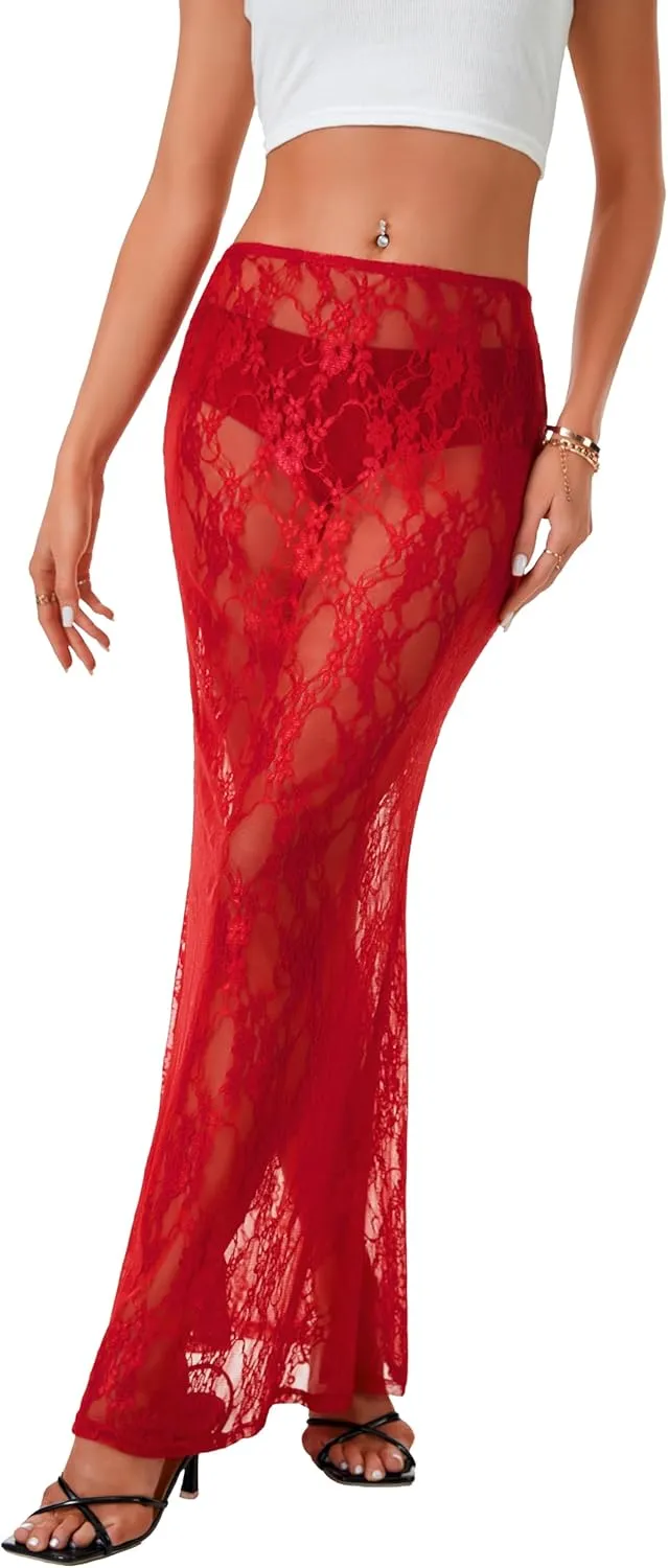 Rooscier Women's Lace Sheer Long Skirt High Waist A-line Summer Sexy Beach Maxi Skirts