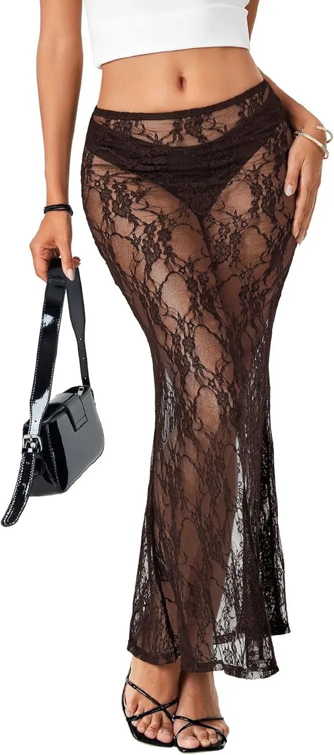 Rooscier Women's Lace Sheer Long Skirt High Waist A-line Summer Sexy Beach Maxi Skirts