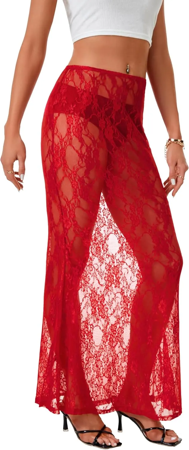 Rooscier Women's Lace Sheer Long Skirt High Waist A-line Summer Sexy Beach Maxi Skirts