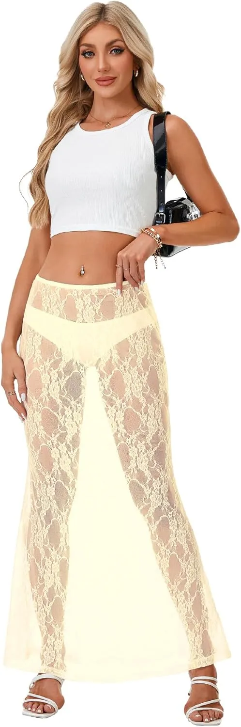 Rooscier Women's Lace Sheer Long Skirt High Waist A-line Summer Sexy Beach Maxi Skirts