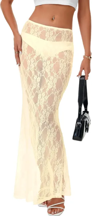 Rooscier Women's Lace Sheer Long Skirt High Waist A-line Summer Sexy Beach Maxi Skirts