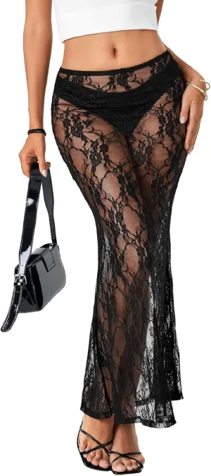 Rooscier Women's Lace Sheer Long Skirt High Waist A-line Summer Sexy Beach Maxi Skirts