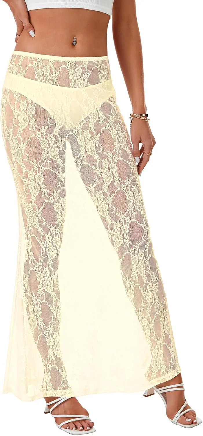 Rooscier Women's Lace Sheer Long Skirt High Waist A-line Summer Sexy Beach Maxi Skirts