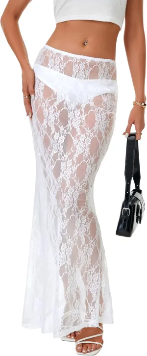 Rooscier Women's Lace Sheer Long Skirt High Waist A-line Summer Sexy Beach Maxi Skirts