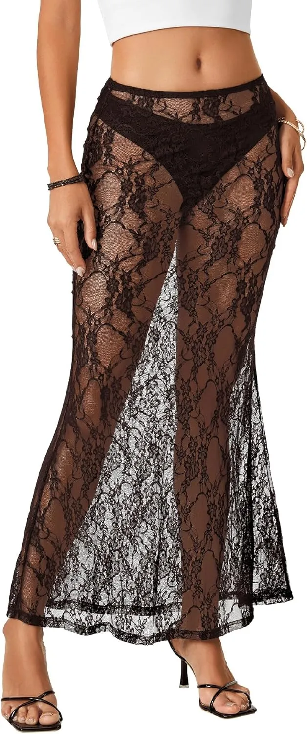Rooscier Women's Lace Sheer Long Skirt High Waist A-line Summer Sexy Beach Maxi Skirts
