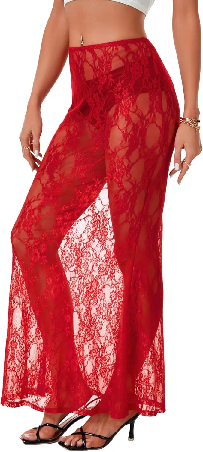Rooscier Women's Lace Sheer Long Skirt High Waist A-line Summer Sexy Beach Maxi Skirts