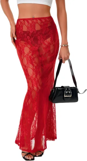 Rooscier Women's Lace Sheer Long Skirt High Waist A-line Summer Sexy Beach Maxi Skirts