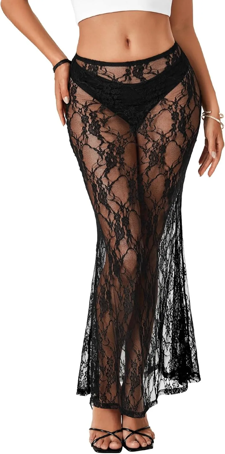 Rooscier Women's Lace Sheer Long Skirt High Waist A-line Summer Sexy Beach Maxi Skirts