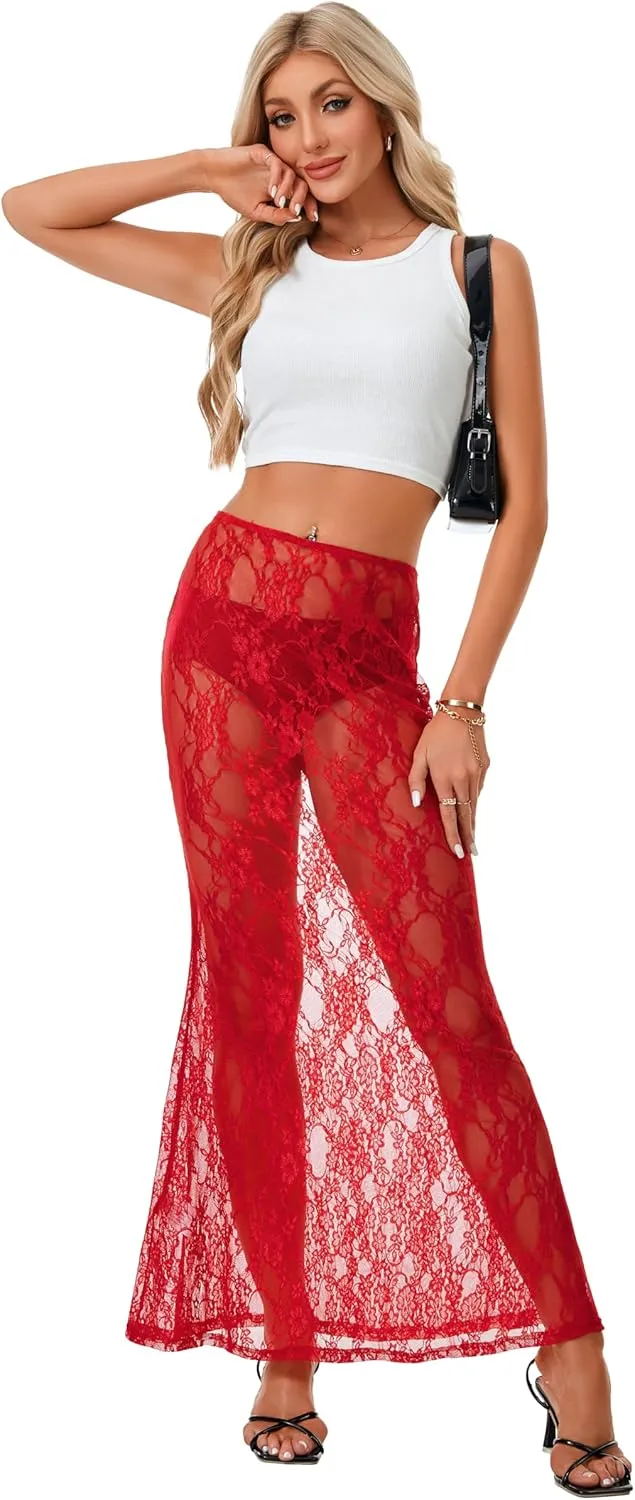Rooscier Women's Lace Sheer Long Skirt High Waist A-line Summer Sexy Beach Maxi Skirts