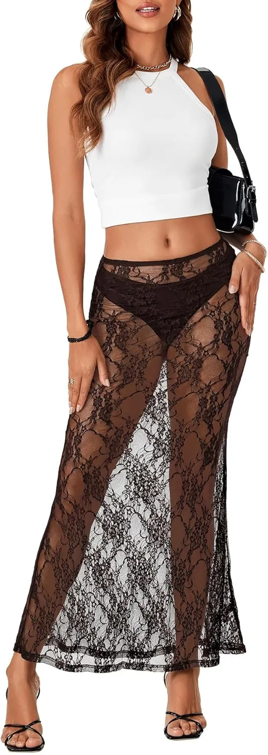 Rooscier Women's Lace Sheer Long Skirt High Waist A-line Summer Sexy Beach Maxi Skirts
