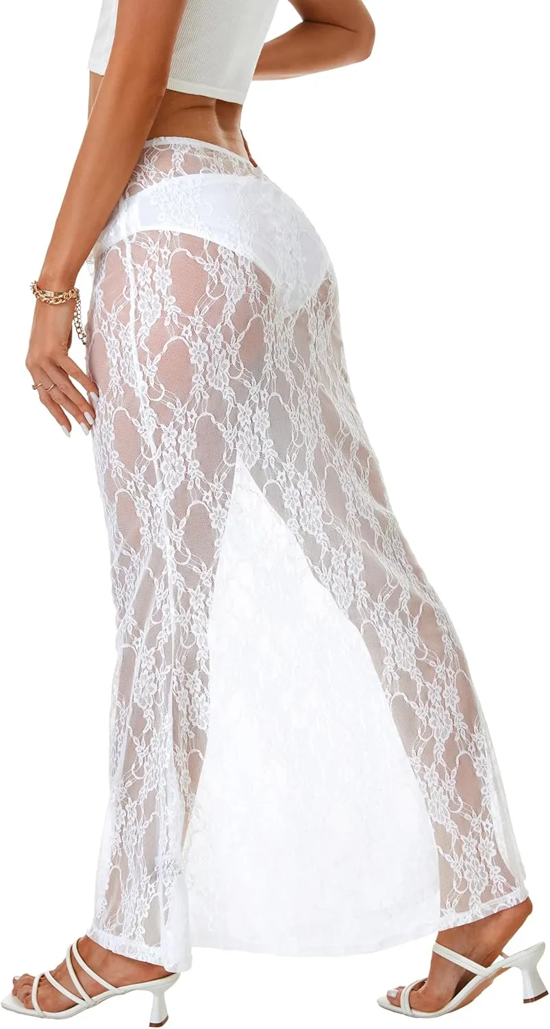 Rooscier Women's Lace Sheer Long Skirt High Waist A-line Summer Sexy Beach Maxi Skirts