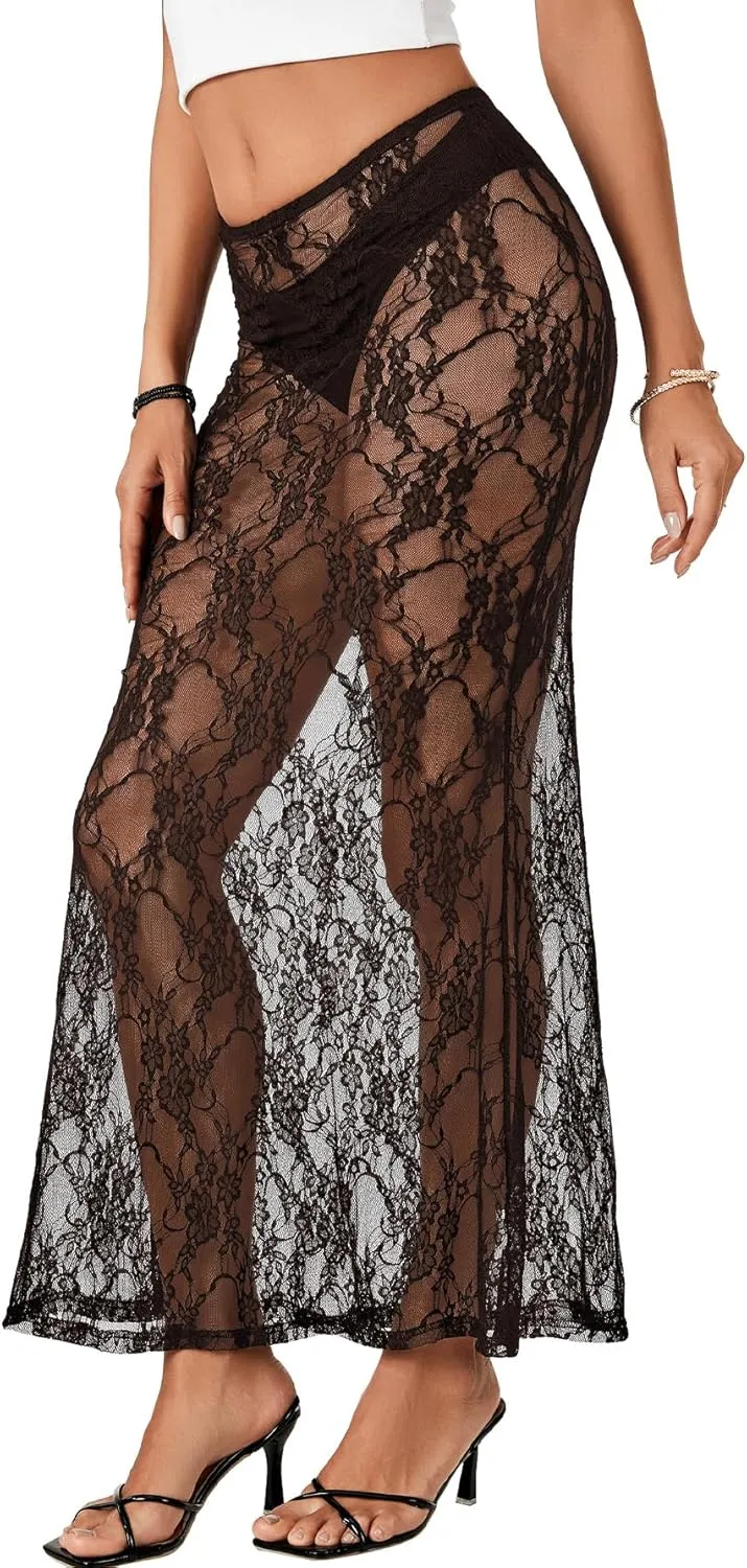 Rooscier Women's Lace Sheer Long Skirt High Waist A-line Summer Sexy Beach Maxi Skirts