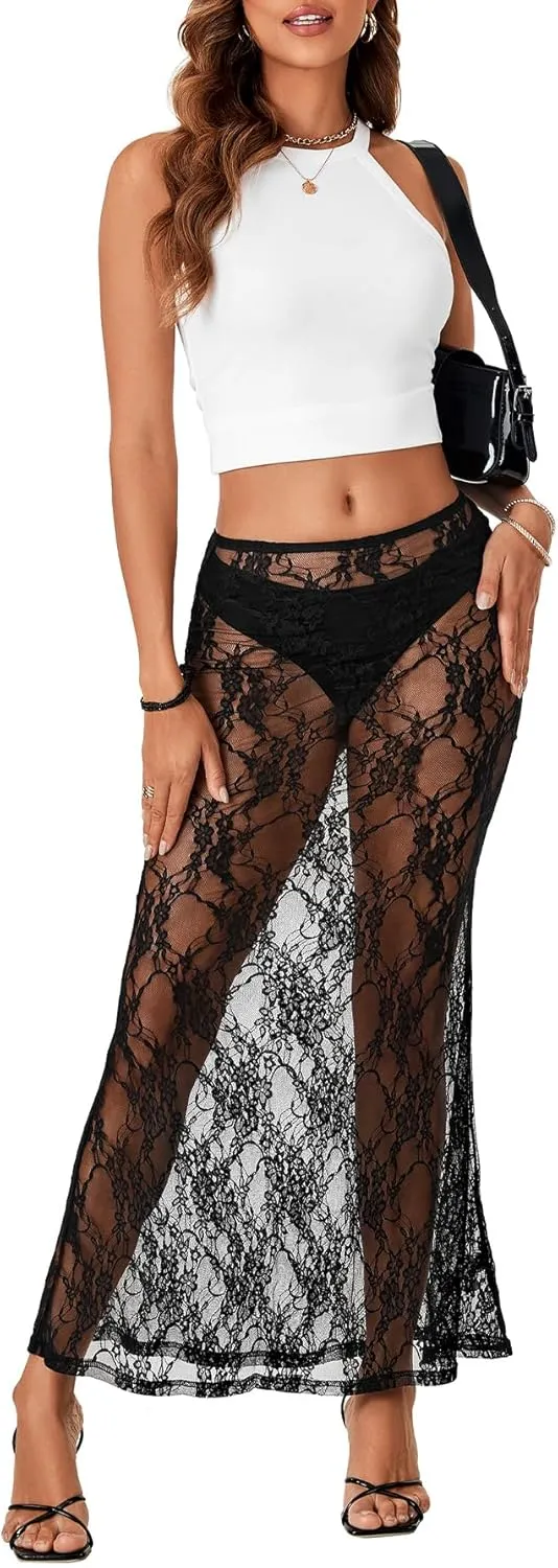 Rooscier Women's Lace Sheer Long Skirt High Waist A-line Summer Sexy Beach Maxi Skirts