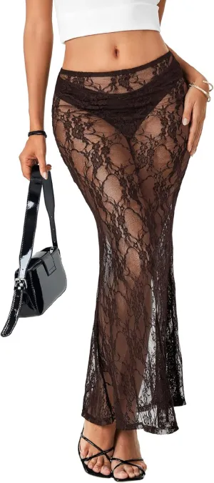 Rooscier Women's Lace Sheer Long Skirt High Waist A-line Summer Sexy Beach Maxi Skirts