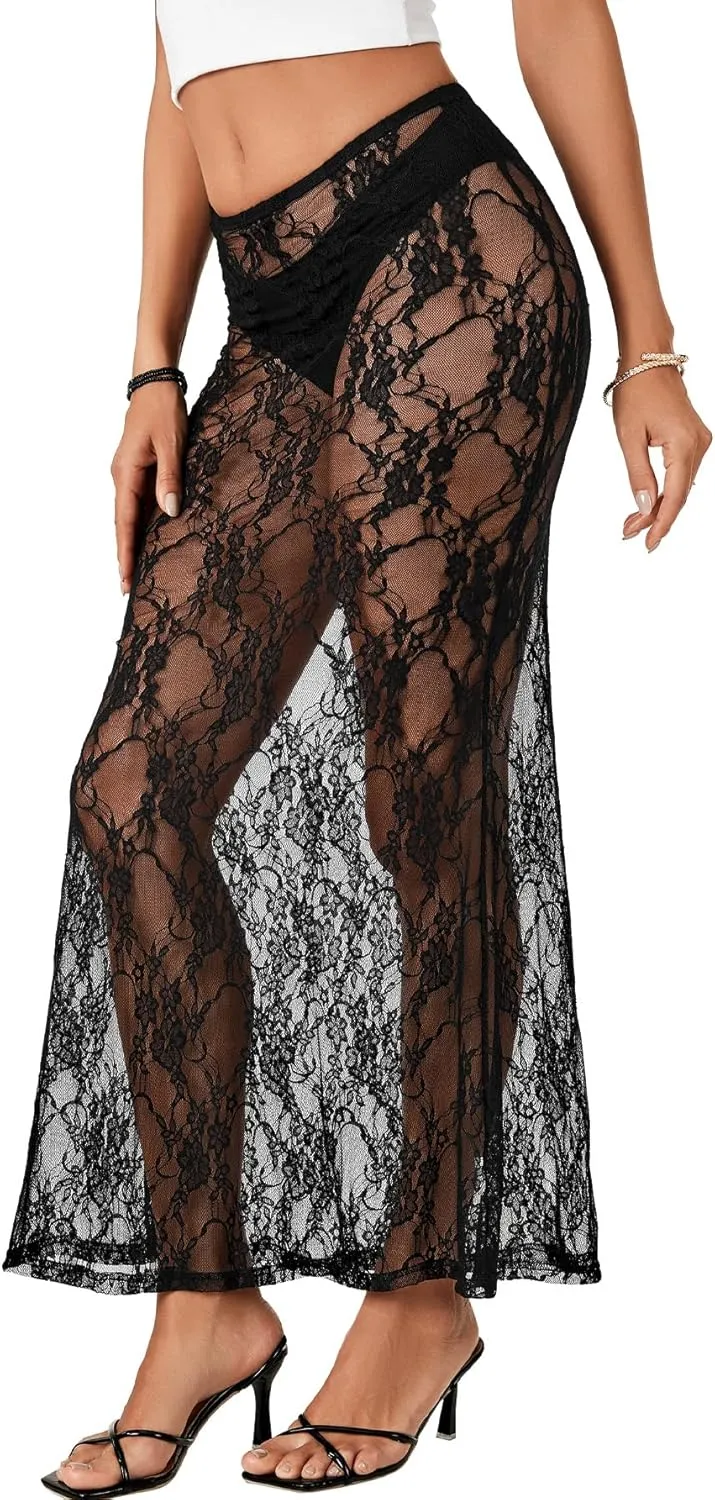 Rooscier Women's Lace Sheer Long Skirt High Waist A-line Summer Sexy Beach Maxi Skirts