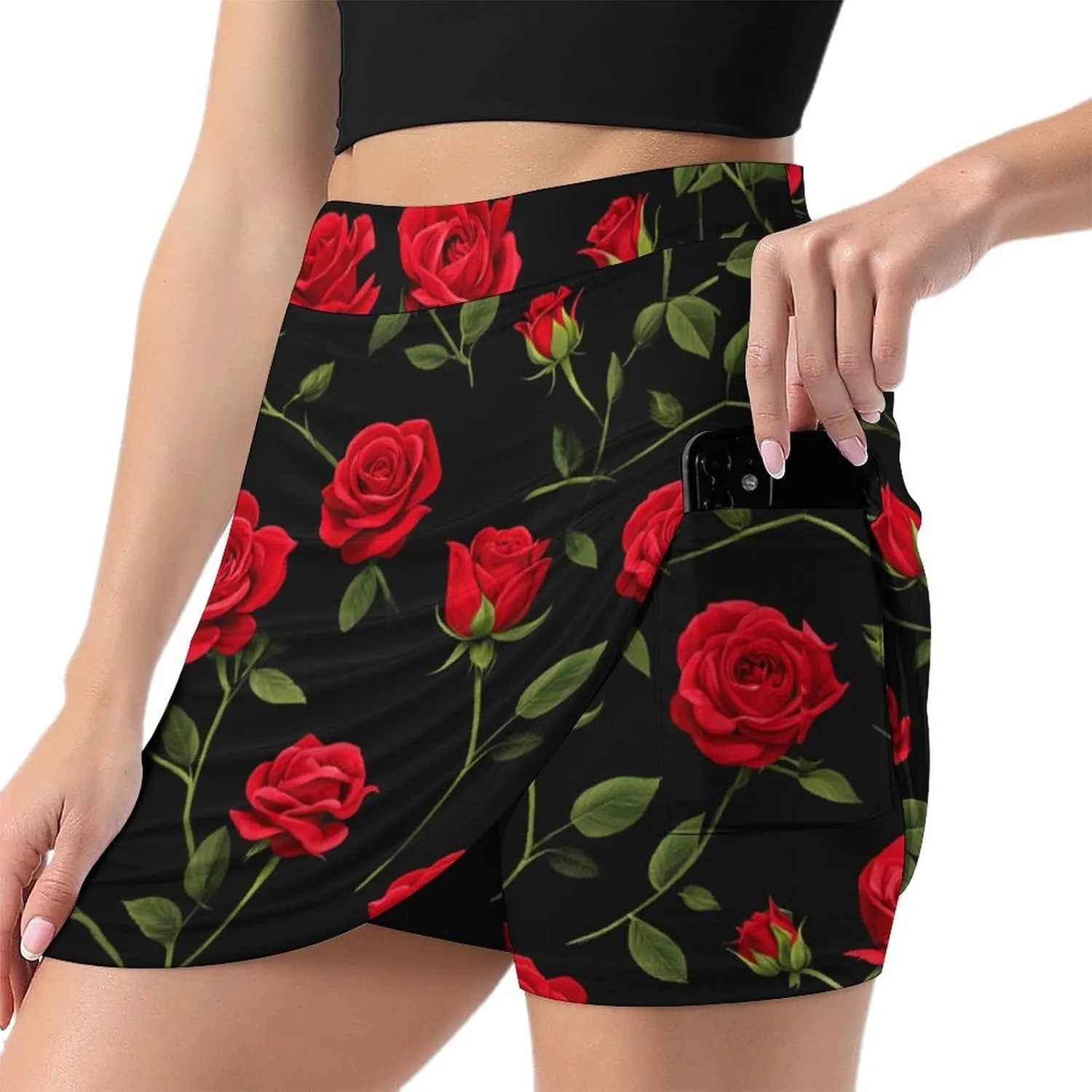 Rose Print Shorts Skirt Womans Golf Skort Light Proof Trouser Skirts High Waist Single Pocket A Line Sport Skorts