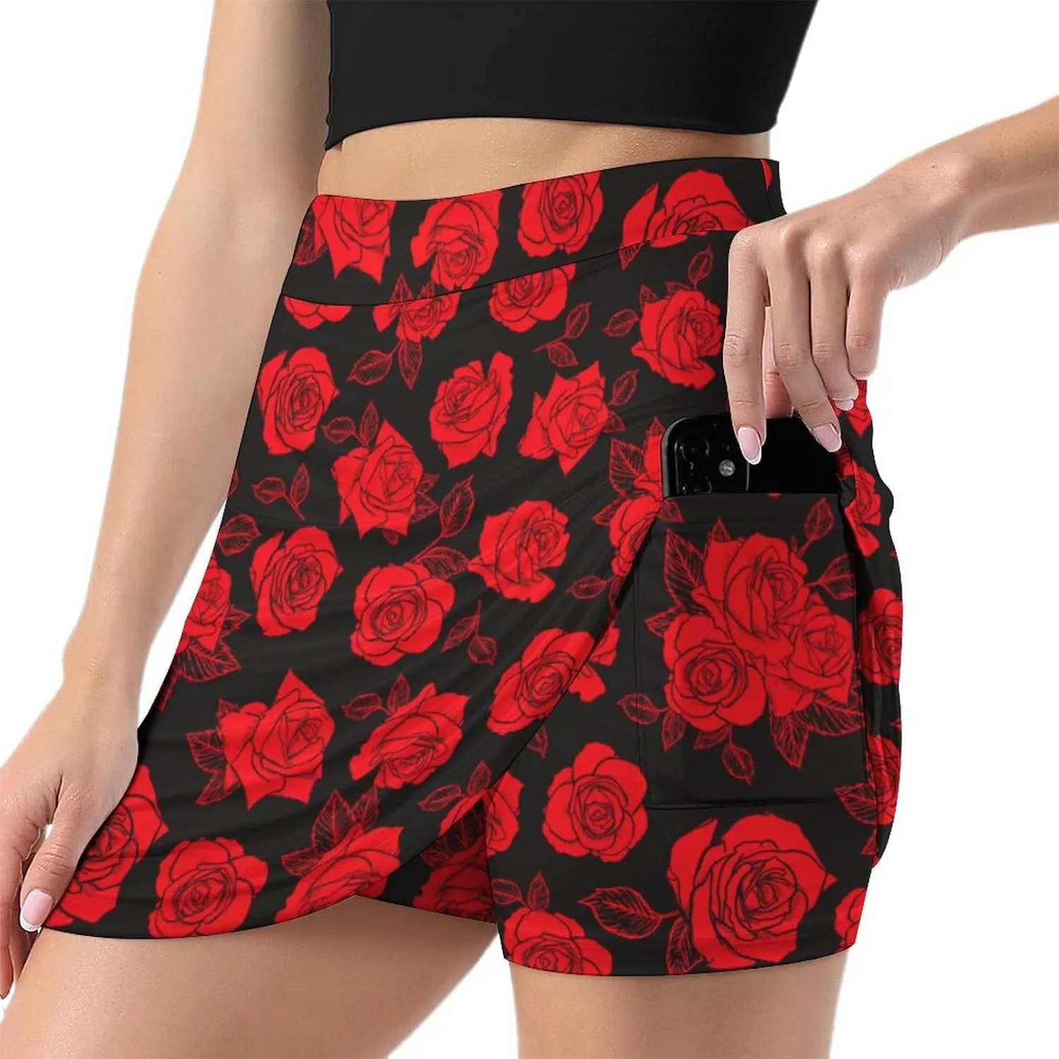 Rose Print Shorts Skirt Womans Golf Skort Light Proof Trouser Skirts High Waist Single Pocket A Line Sport Skorts