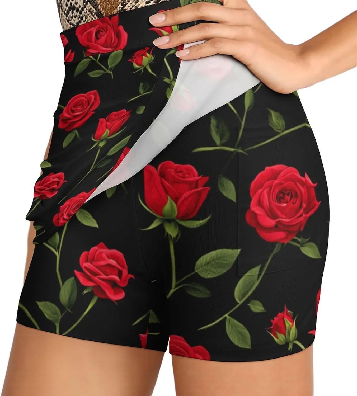 Rose Print Shorts Skirt Womans Golf Skort Light Proof Trouser Skirts High Waist Single Pocket A Line Sport Skorts