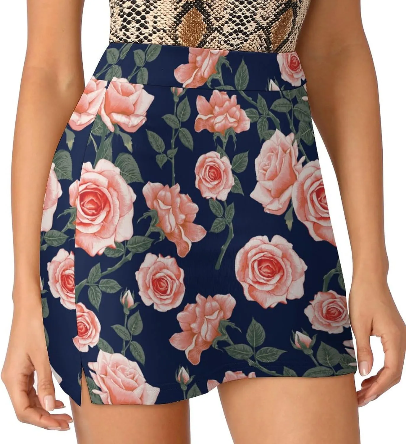 Rose Print Shorts Skirt Womans Golf Skort Light Proof Trouser Skirts High Waist Single Pocket A Line Sport Skorts