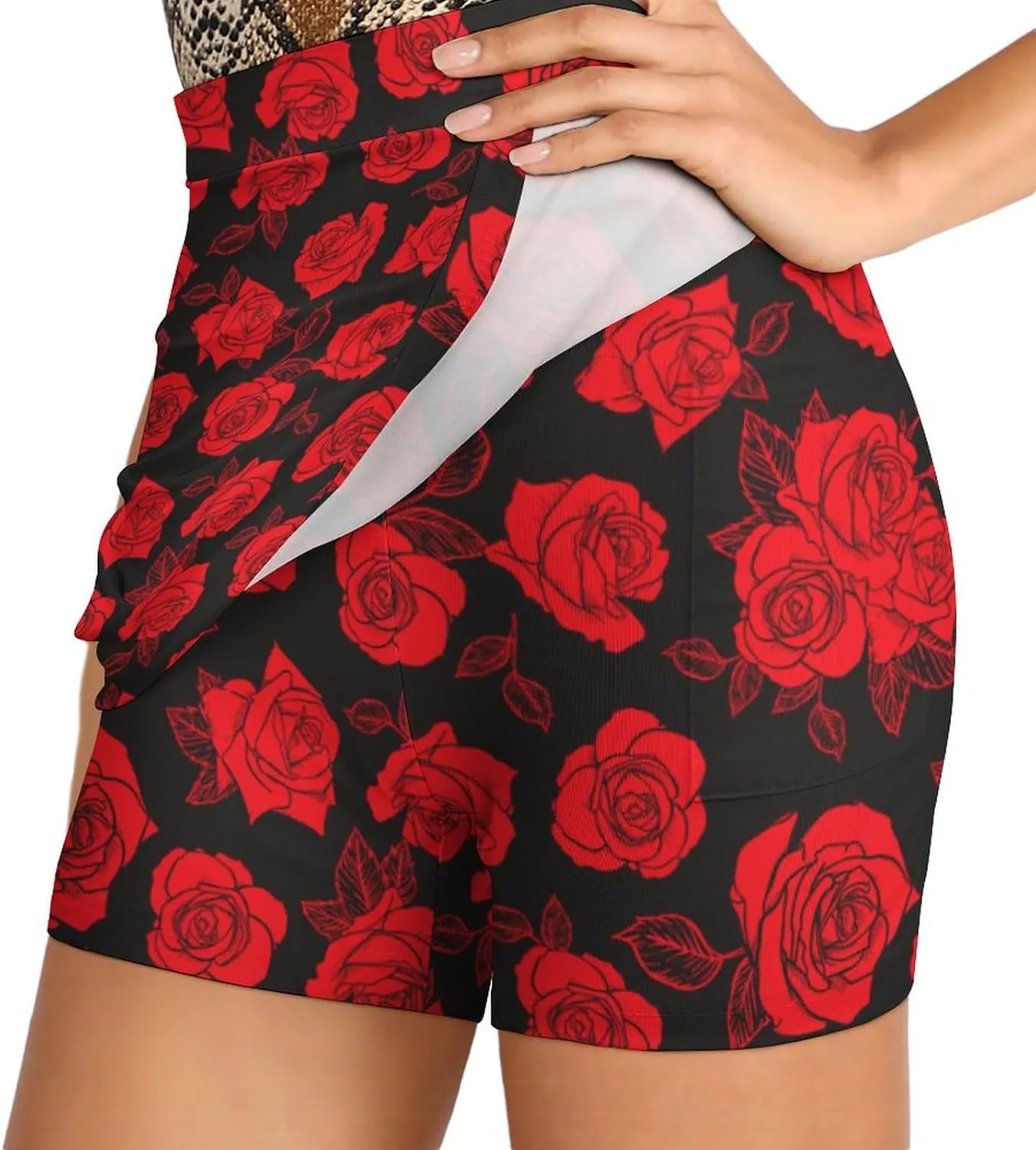 Rose Print Shorts Skirt Womans Golf Skort Light Proof Trouser Skirts High Waist Single Pocket A Line Sport Skorts