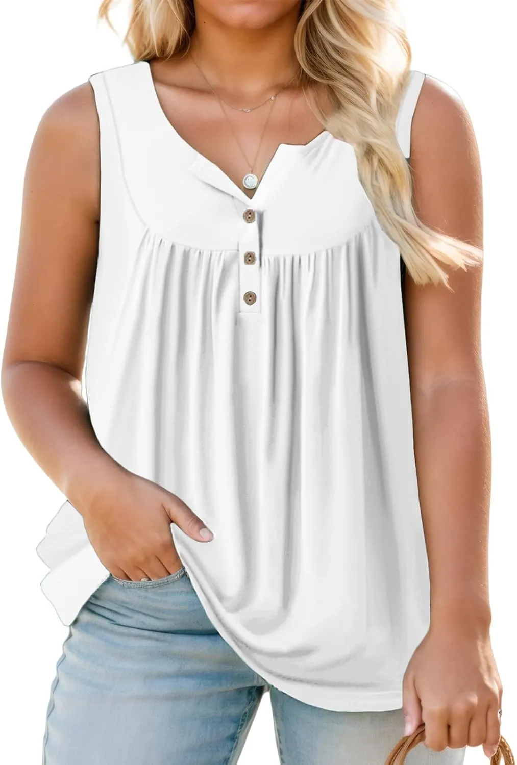 ROSRISS Plus-Size Henley Sleeveless Shirts for Women Summer Casual Tops Buttons Tees 14W-28W