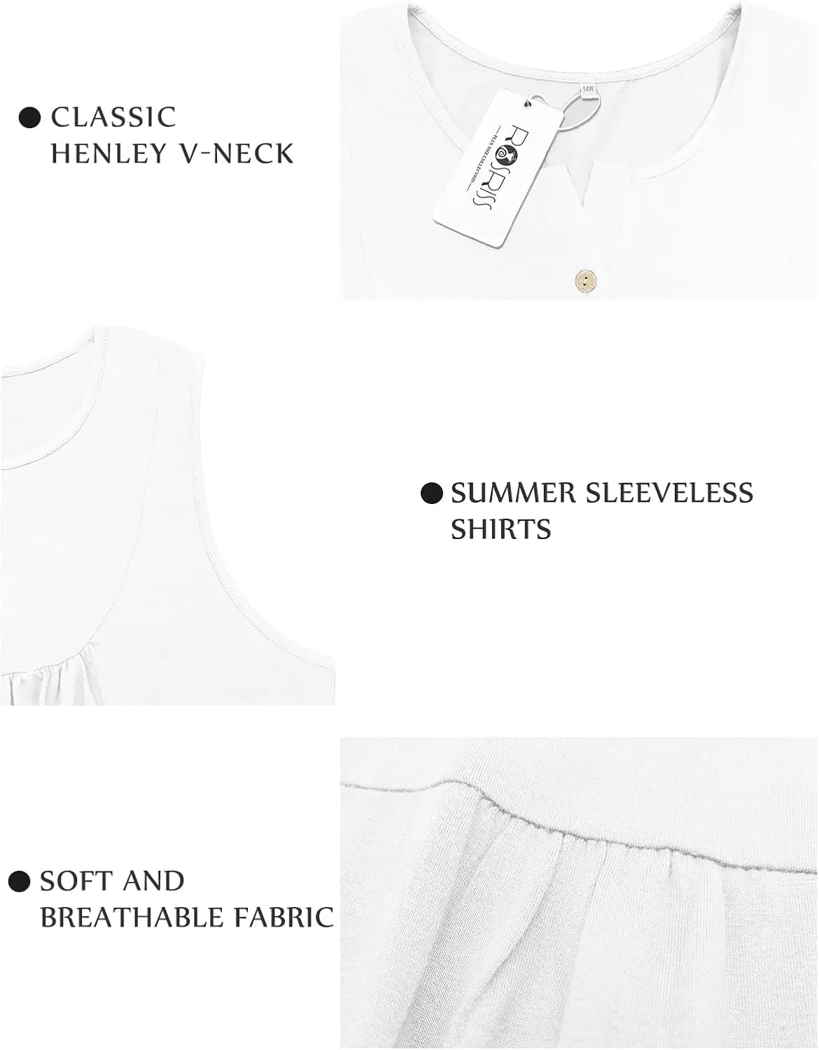 ROSRISS Plus-Size Henley Sleeveless Shirts for Women Summer Casual Tops Buttons Tees 14W-28W
