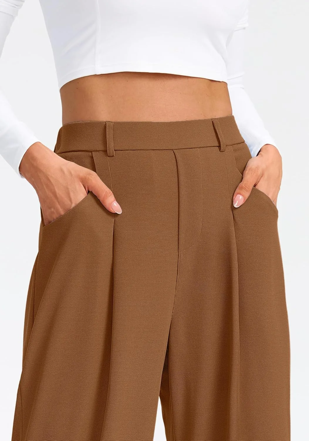SANTINY Wide Leg Pants Woman Elastic High Waisted Waffle Knit Slacks Business Casual Work Pants Pleated Trousers with Pockets