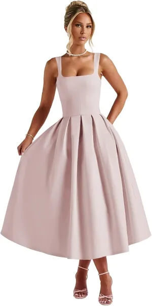 Satin Midi Prom Dresses for Women 2025 Pleated A Line Sleeveless Formal Evening Gowns with Pockets