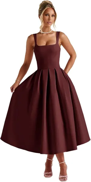 Satin Midi Prom Dresses for Women 2025 Pleated A Line Sleeveless Formal Evening Gowns with Pockets