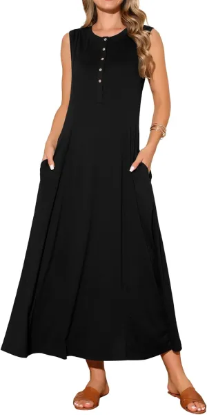 Seta T Women's Summer Maxi Dresses Button A-Line Flowy Long Casual Sleeveless Dresses Beach Sundress with Pockets