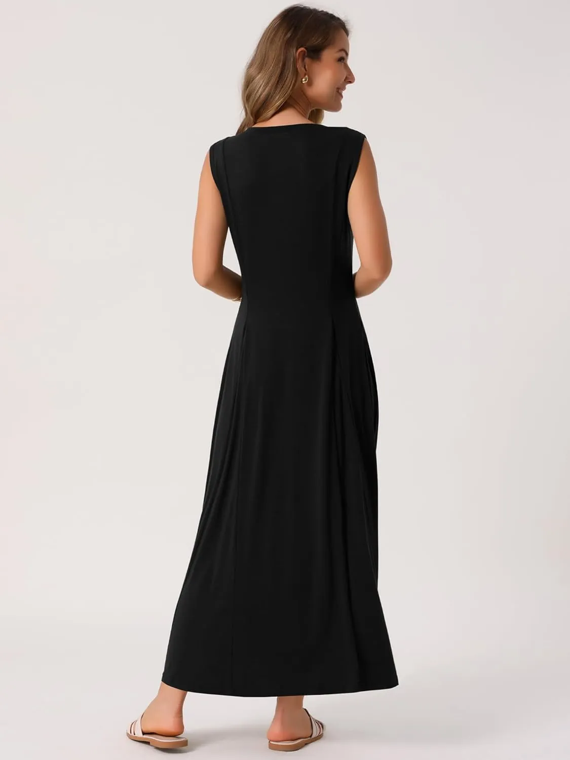 Seta T Women's Summer Maxi Dresses Button A-Line Flowy Long Casual Sleeveless Dresses Beach Sundress with Pockets