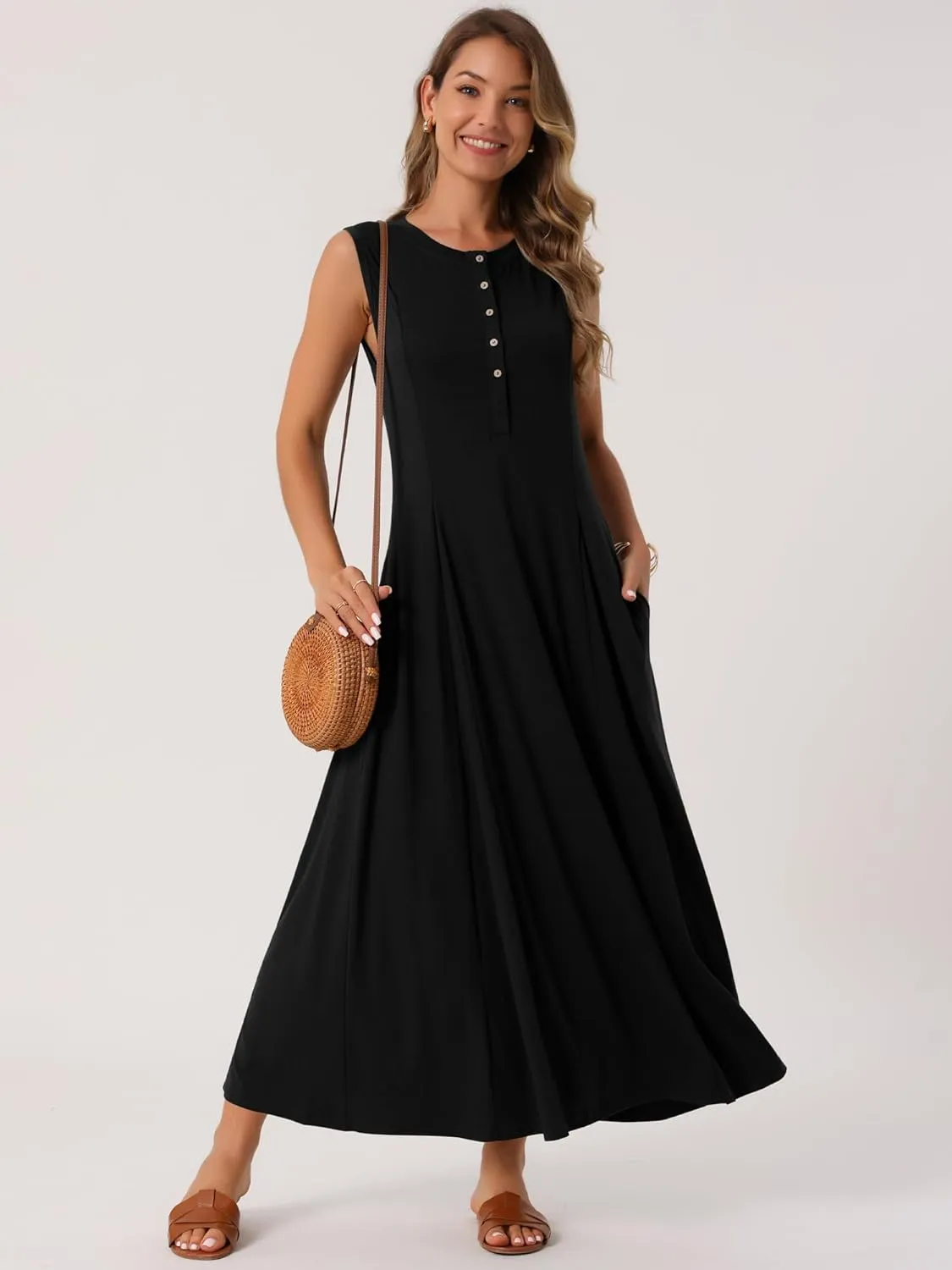 Seta T Women's Summer Maxi Dresses Button A-Line Flowy Long Casual Sleeveless Dresses Beach Sundress with Pockets