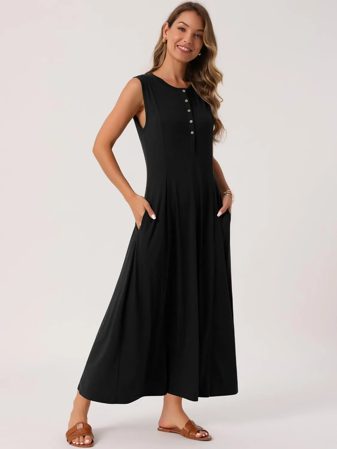 Seta T Women's Summer Maxi Dresses Button A-Line Flowy Long Casual Sleeveless Dresses Beach Sundress with Pockets