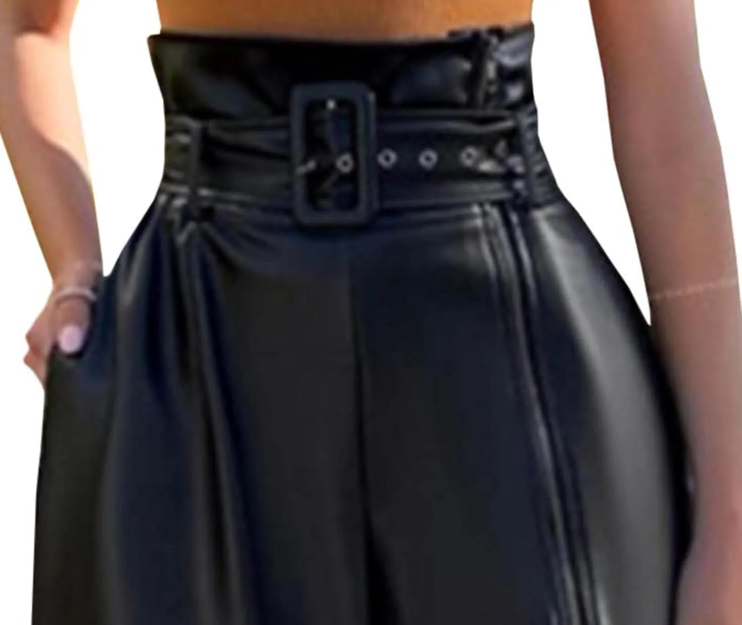Sexyshine Women's PU Faux Leather High Waisted Side Zipper Loose Wide Leg Vintage Leather Pants with Belt Chic Clubwear