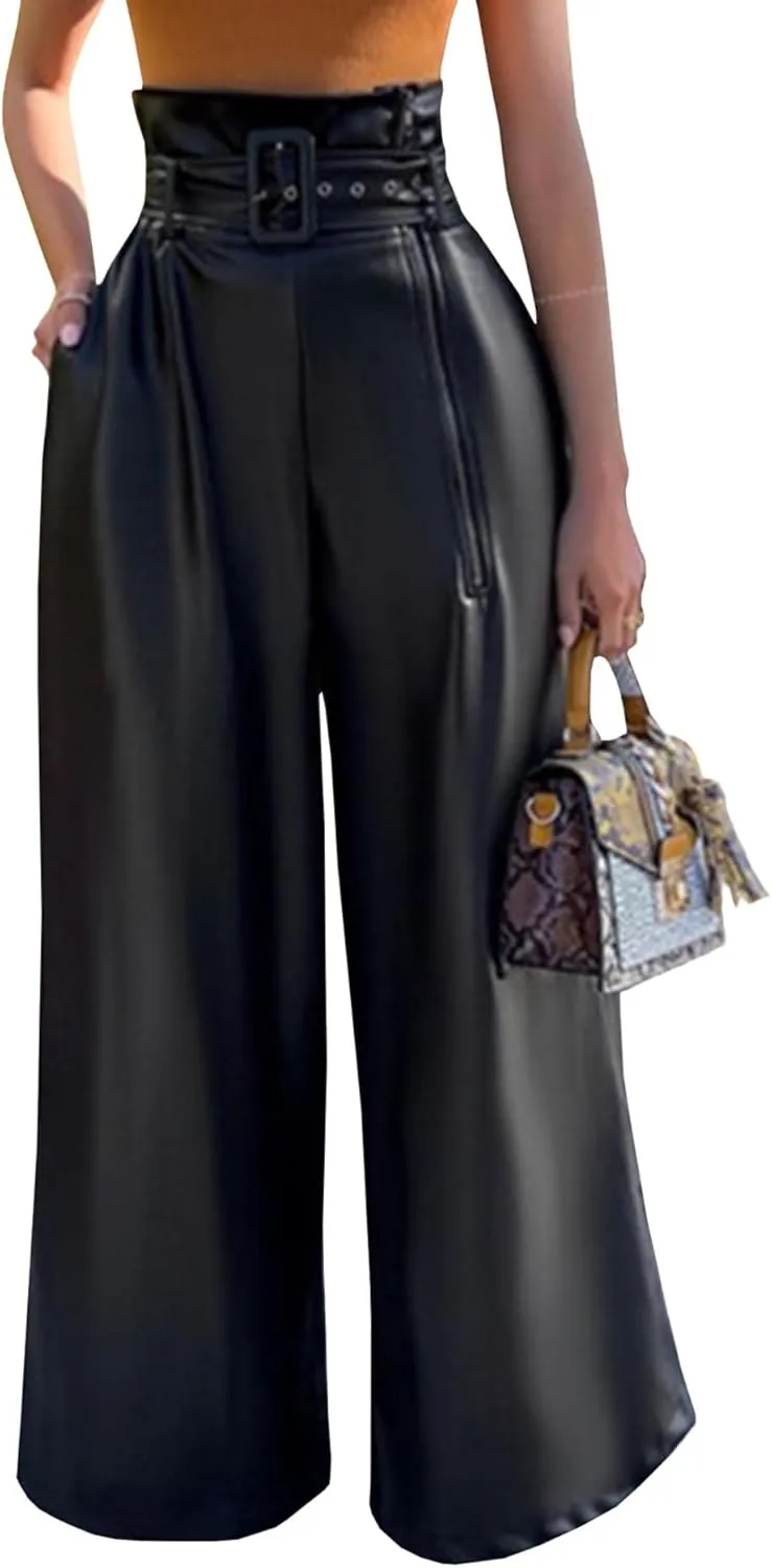 Sexyshine Women's PU Faux Leather High Waisted Side Zipper Loose Wide Leg Vintage Leather Pants with Belt Chic Clubwear