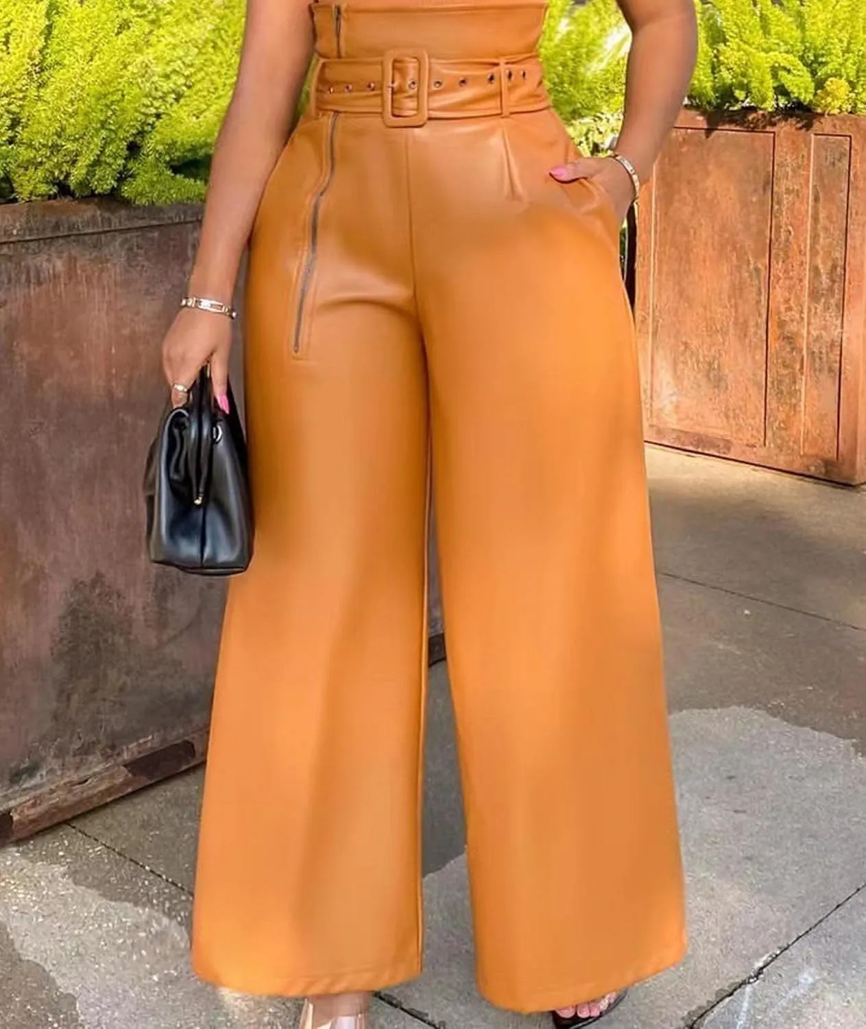 Sexyshine Women's PU Faux Leather High Waisted Side Zipper Loose Wide Leg Vintage Leather Pants with Belt Chic Clubwear