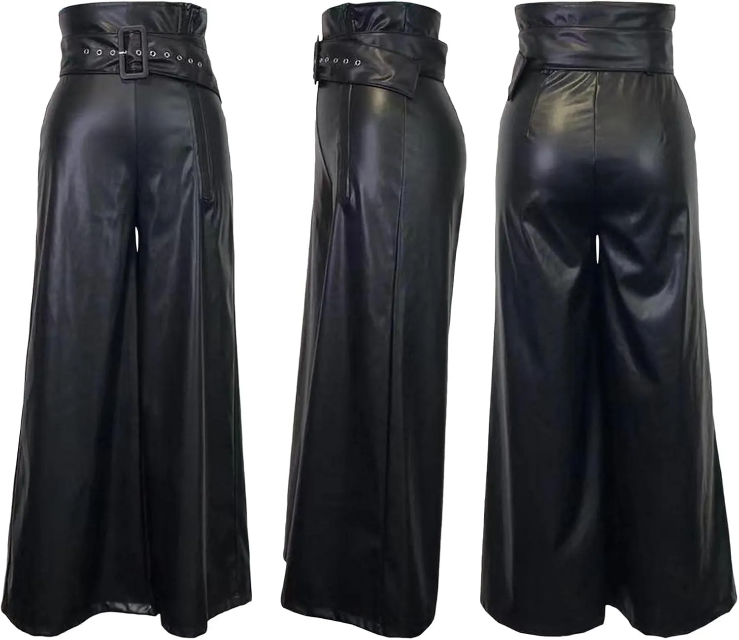 Sexyshine Women's PU Faux Leather High Waisted Side Zipper Loose Wide Leg Vintage Leather Pants with Belt Chic Clubwear