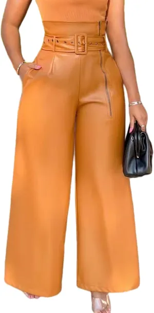 Sexyshine Women's PU Faux Leather High Waisted Side Zipper Loose Wide Leg Vintage Leather Pants with Belt Chic Clubwear