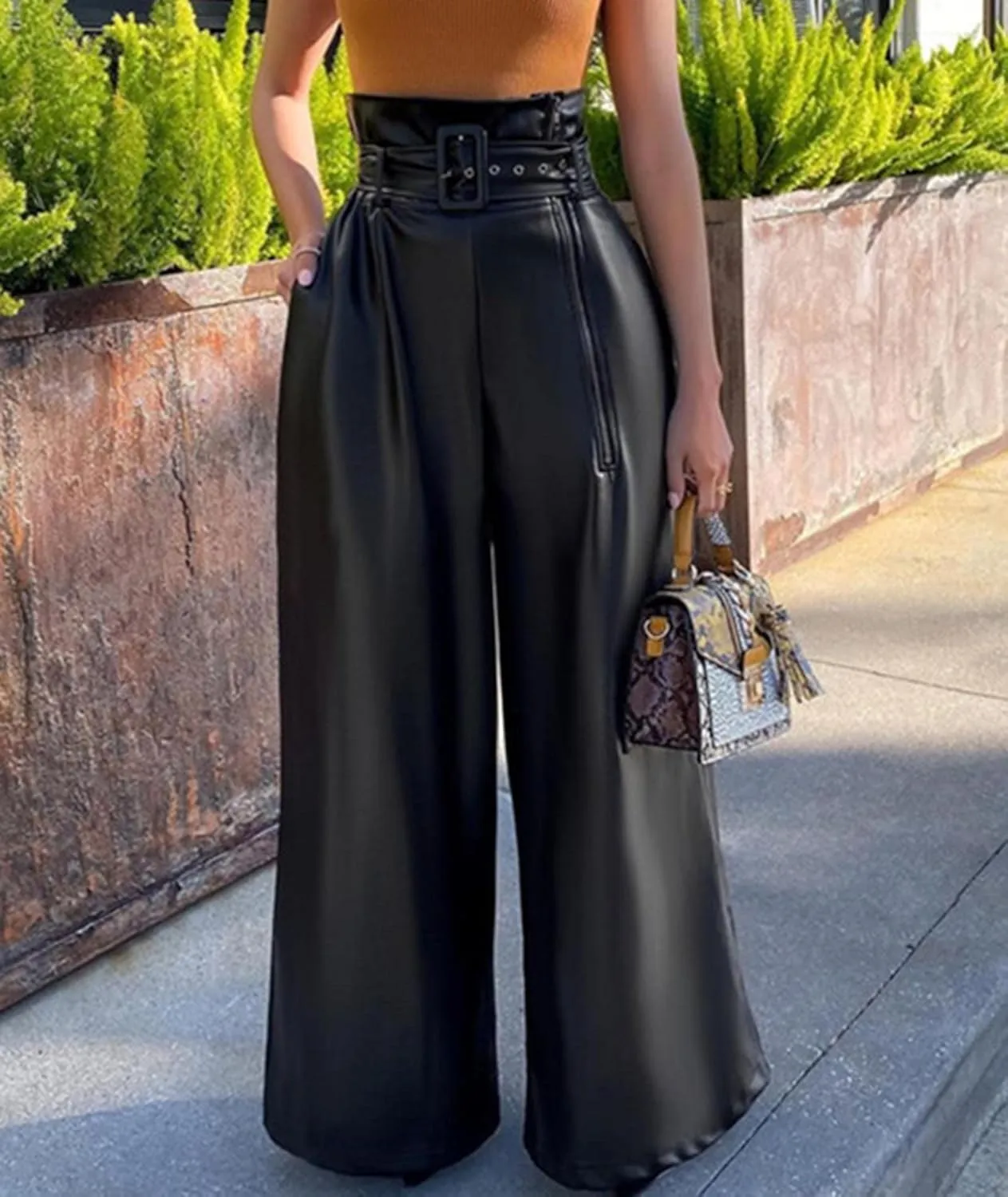Sexyshine Women's PU Faux Leather High Waisted Side Zipper Loose Wide Leg Vintage Leather Pants with Belt Chic Clubwear