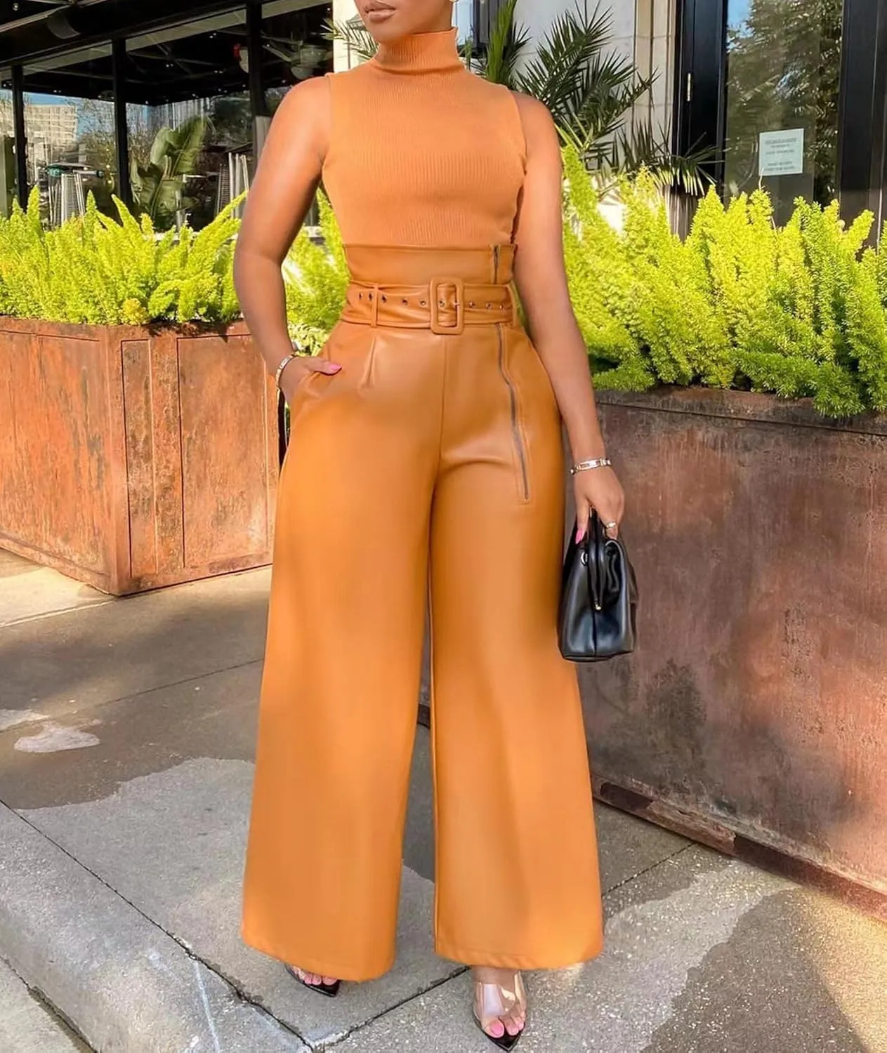 Sexyshine Women's PU Faux Leather High Waisted Side Zipper Loose Wide Leg Vintage Leather Pants with Belt Chic Clubwear