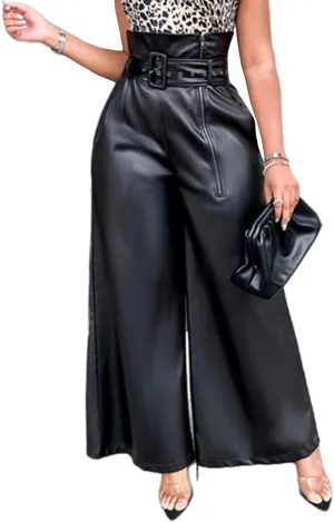 Sexyshine Women's PU Faux Leather High Waisted Side Zipper Loose Wide Leg Vintage Leather Pants with Belt Chic Clubwear