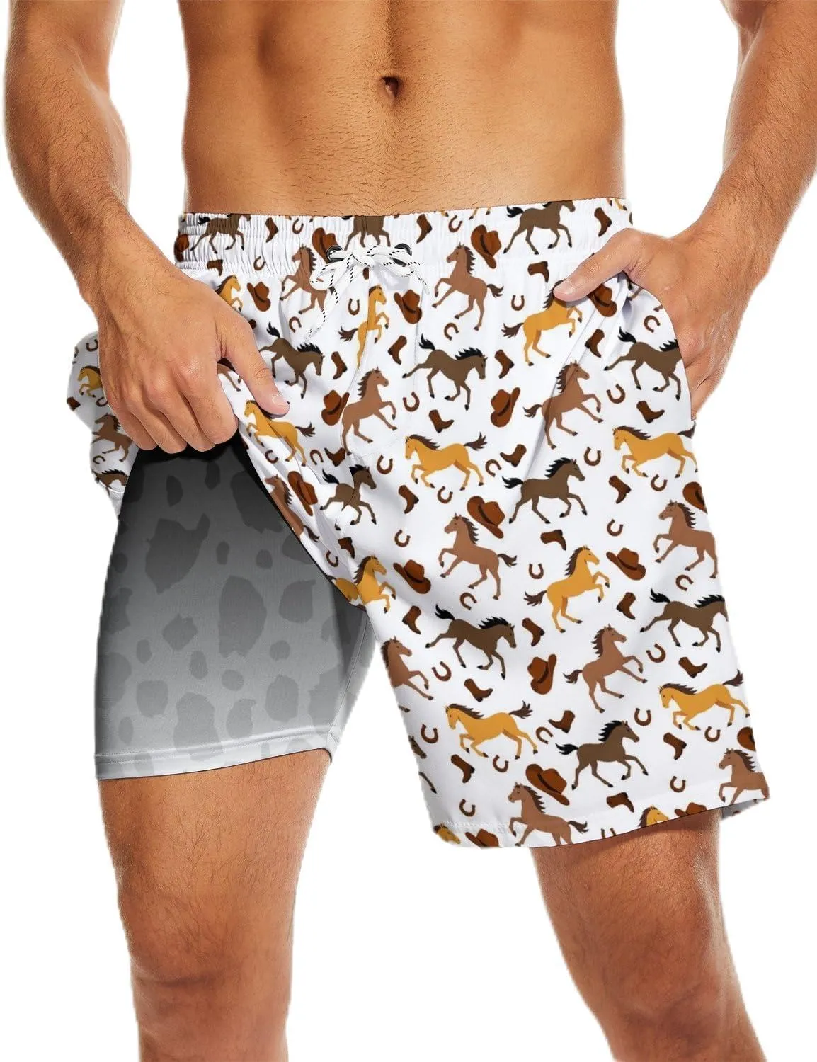 Socira Men's Swim Trunks with Compression Liner, Quick Dry Mens 2 in 1 Swimming Trunks Men Beach Bathing Suits Swimsuit