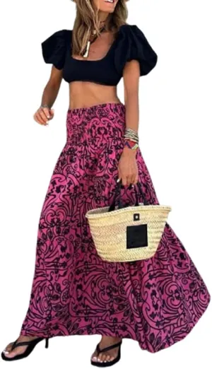 Spevert Women's Bohemian Floral Printed Elastic Waist A Line Maxi Skirt for Women Summer Casual Long Skirt