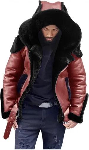 Stoota Mens Winter Warm Thick Faux Leather/Fur Slim Fit Cotton Padded Coat Long Jacket Parka Hooded Pea Coat Winter Coat