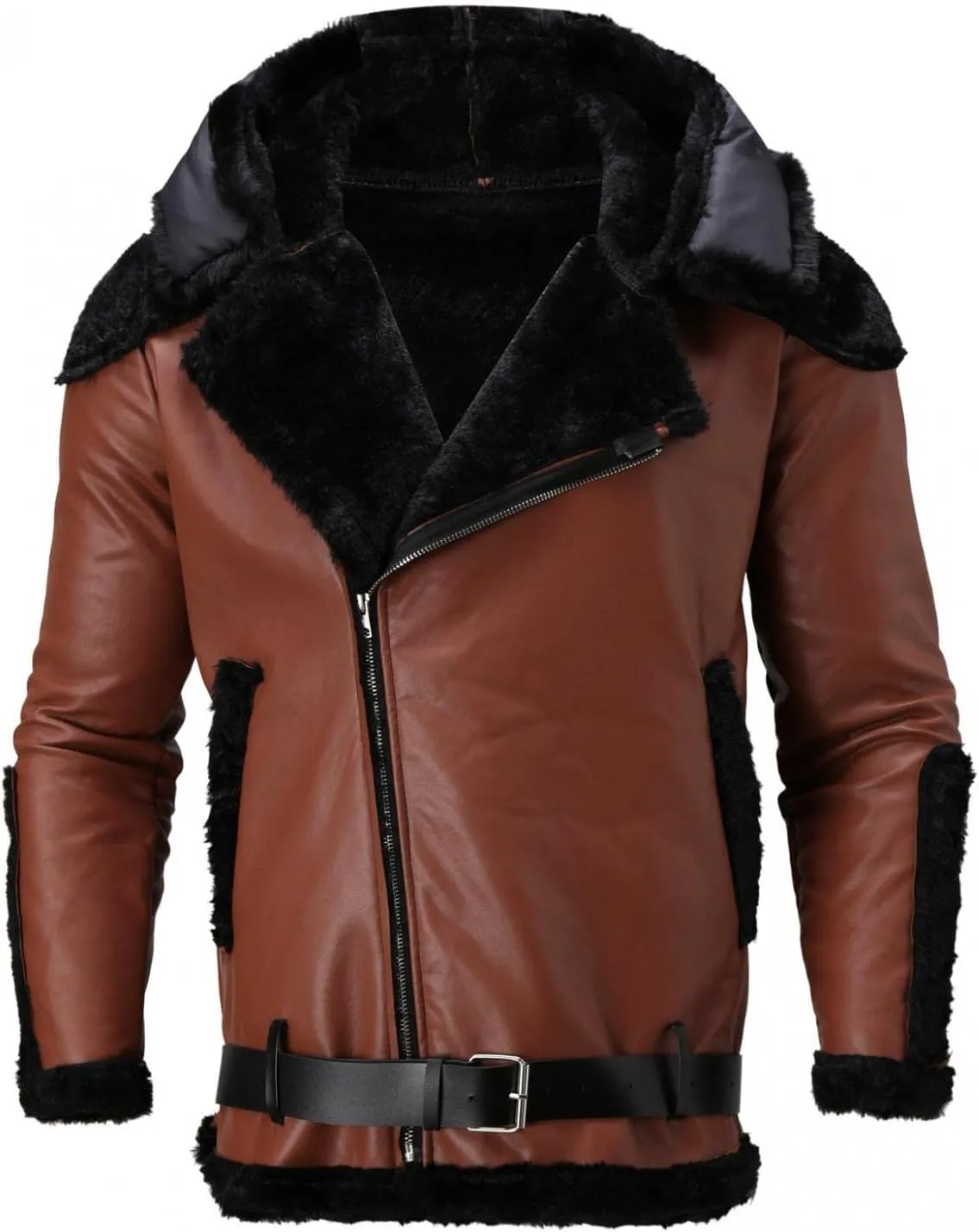 Stoota Mens Winter Warm Thick Faux Leather/Fur Slim Fit Cotton Padded Coat Long Jacket Parka Hooded Pea Coat Winter Coat