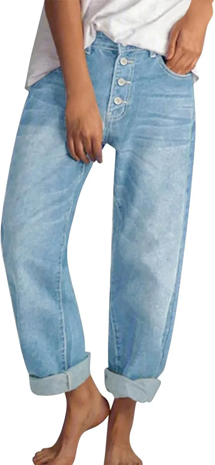 Stretch Jeans for Women Retro Straight Wide Leg Elastic High Waisted Trousers Loose Casual Denim Pants with Pockets