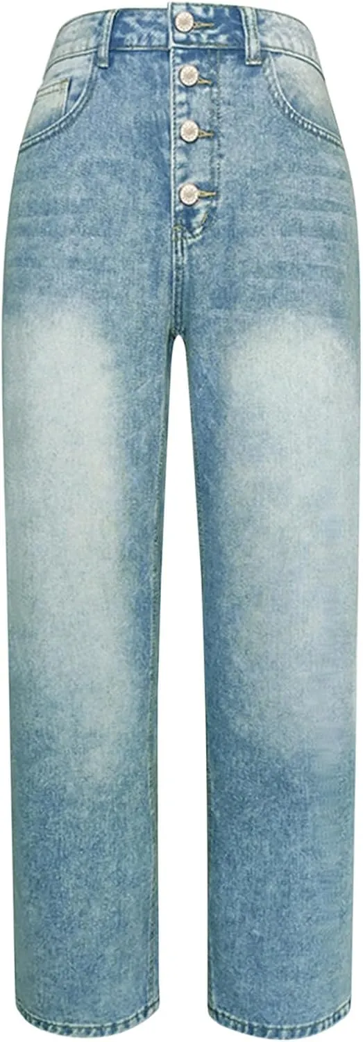 Stretch Jeans for Women Retro Straight Wide Leg Elastic High Waisted Trousers Loose Casual Denim Pants with Pockets