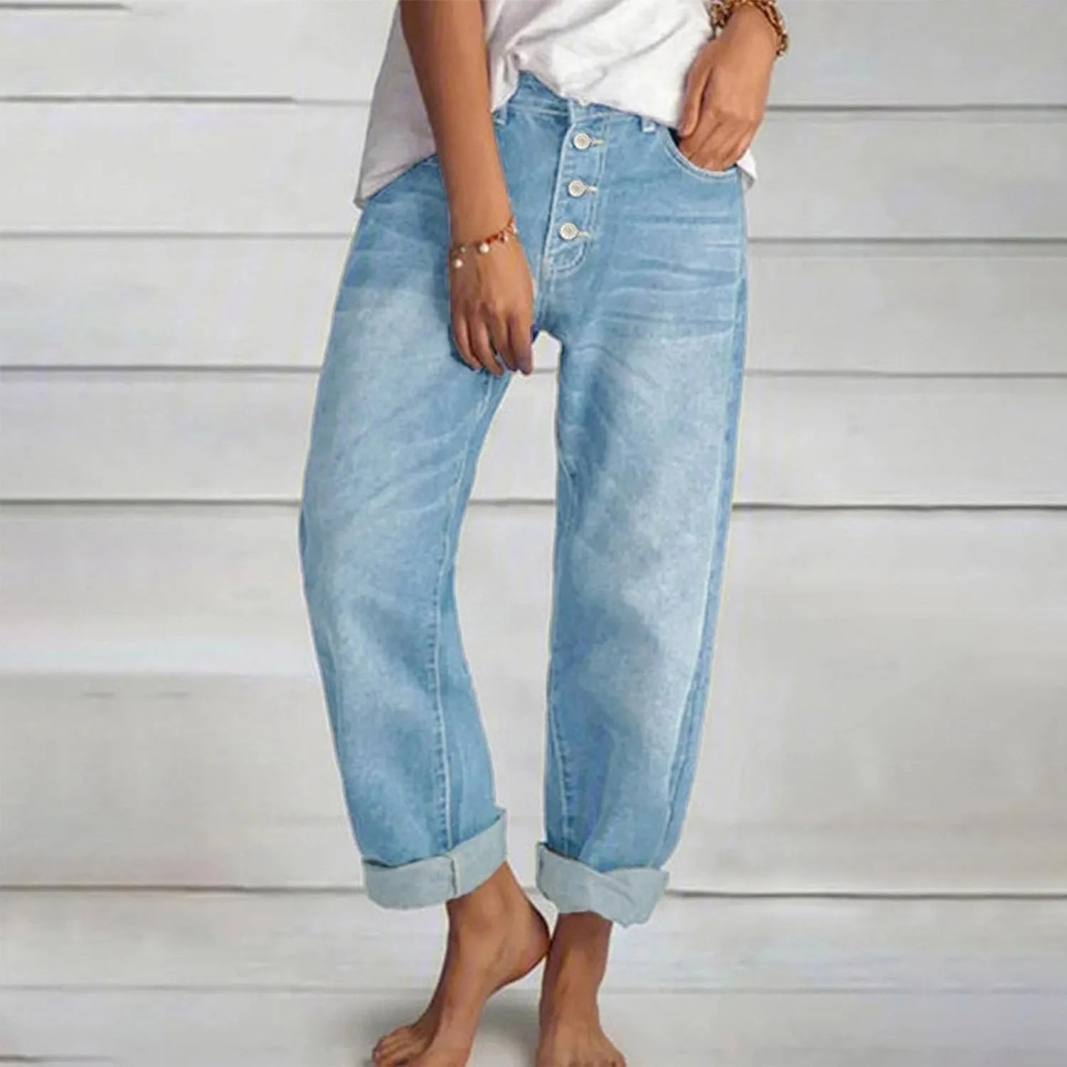 Stretch Jeans for Women Retro Straight Wide Leg Elastic High Waisted Trousers Loose Casual Denim Pants with Pockets
